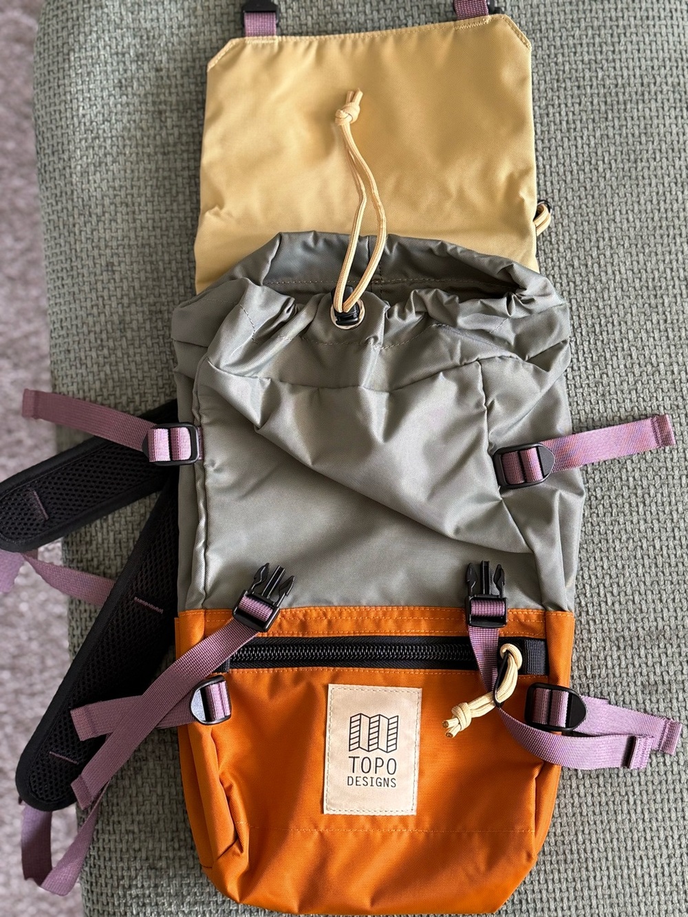 Topo Designs Colorblock Backpack - Yellow/Olive/Orange with Purple Accents - Picture 3 of 4
